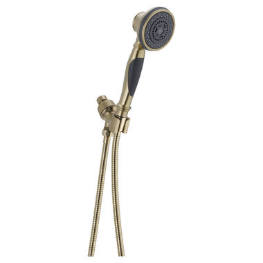 Click here to see Delta 54613-CZ Delta Premium Three-Setting Touch-Clean Handheld Shower with Shower Mount and 60in to 82in Stretchable Metal Hose, 1.75 GPM, Champagne Bronze - 54613-CZ
