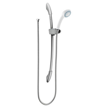 Click here to see Delta 51521-WH Delta Universal Showering Single-Setting Handheld Shower with 30in Decorative Wall Bar, Round, 2.5 GPM, Dual Check Valves, White - 51521-WH