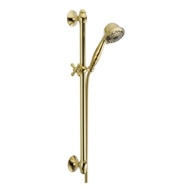 Click here to see Delta 51708-PB Delta Universal Showering 7-Setting Hand Shower with Slide Bar, WaterSense, 1.75 GPM, Polished Brass - 51708-PB