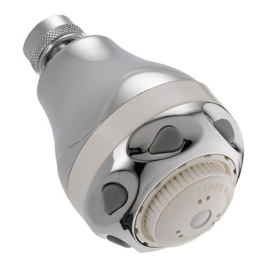 Click here to see Delta 52671-WC15-BG Delta Fundamentals Three-Setting Water-Efficient Shower Head, 1.5 GPM, WaterSense, Chrome/White - 52671-WC15-BG