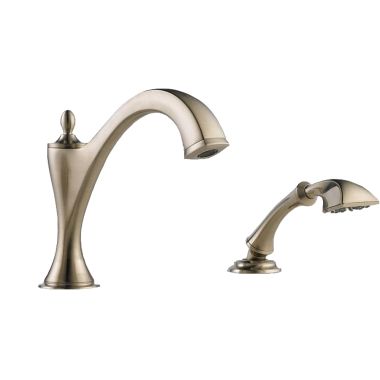 Click here to see Brizo T67485-BNLHP Brizo Charlotte Two-Handle Roman Tub Faucet Trim with 1.75 GPM Hand Shower, 4-Hole, Less Handles, Brilliance Brushed Nickel - T67485-BNLHP