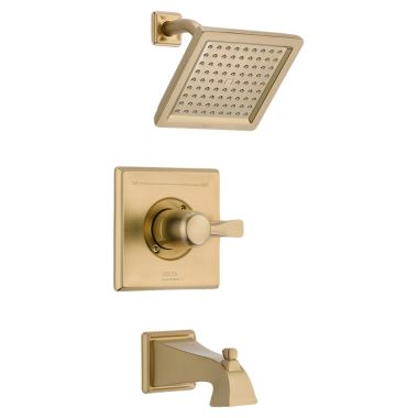 Click here to see Delta T14451-CZ Delta Dryden Monitor 14 Series Single-Handle Tub/Shower Faucet with Single-Setting Rain Showerhead, 2.5 GPM, Lever Handle, Champagne Bronze - T14451-CZ