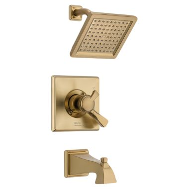 Click here to see Delta T17451-CZ Delta Dryden Monitor 17 Series Two-Handle Tub/Shower Faucet with Single-Setting Rain Showerhead, 2.5 GPM, Lever Handles, Champagne Bronze - T17451-CZ
