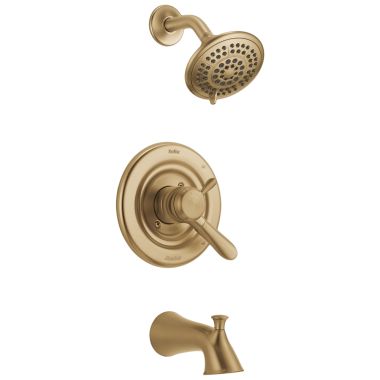 Click here to see Delta T17438-CZ Delta Lahara Monitor 17 Series Two-Handle Tub/Shower Faucet with Volume Control, 5-Setting Showerhead, 1.75 GPM, Lever Handles, Champagne Bronze - T17438-CZ