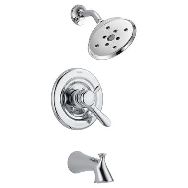 Click here to see Delta T17438-H2O Delta Lahara Monitor 17 Series H2Okinetic Tub/Shower Faucet with Rain Showerhead, Two-Handle, 1.75 GPM, Lever Handles, Chrome - T17438-H2O