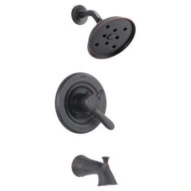 Click here to see Delta T17438-RBH2O Delta Lahara Monitor 17 Series H2Okinetic Tub/Shower Faucet with Rain Showerhead, Two-Handle, 1.75 GPM, Lever Handles, Venetian Bronze - T17438-RBH2O