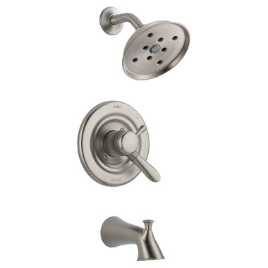 Click here to see Delta T17438-SSH2O Delta Lahara Monitor 17 Series H2Okinetic Tub/Shower Faucet with Rain Showerhead, Two-Handle, 1.75 GPM, Lever Handles, Stainless - T17438-SSH2O