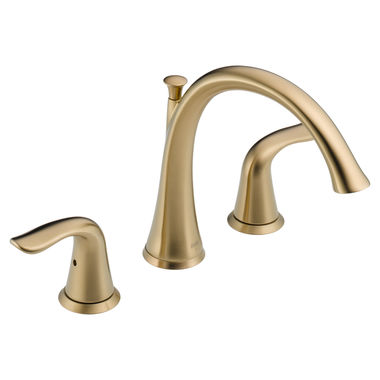 Click here to see Delta T2738-CZ Delta Lahara Two-Handle Roman Tub Faucet Trim, High Arc Spout, Lever Handles, ADA-Compliant, Champagne Bronze - T2738-CZ