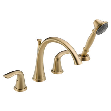 Click here to see Delta T4738-CZ Delta Lahara Two-Handle Roman Tub Faucet Trim with 1.75 GPM Single-Setting Hand Shower, High Arc Spout, Lever Handles, Champagne Bronze - T4738-CZ 