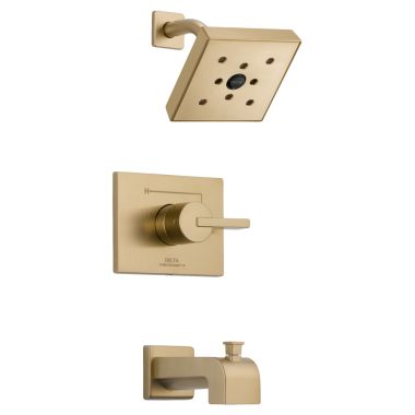 Click here to see Delta T14453-CZH2O Delta Vero Monitor 14 Series H2Okinetic Tub/Shower Faucet with Rain Showerhead, Single-Handle, 1.75 GPM, Lever Handle, Champagne Bronze - T14453-CZH2O