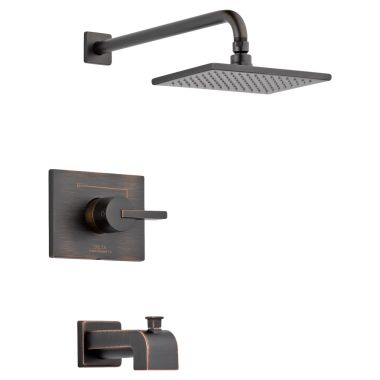 Click here to see Delta T14453-RB Delta Vero Monitor 14 Series Tub/Shower Faucet with Single-Setting Rain Showerhead, Single-Handle, 2.5 GPM, Lever Handle, Venetian Bronze - T14453-RB