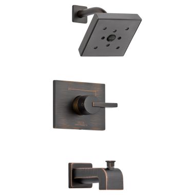 Click here to see Delta T14453-RBH2O Delta Vero Monitor 14 Series H2Okinetic Tub/Shower Faucet with Rain Showerhead, Single-Handle, 1.75 GPM, Lever Handle, Venetian Bronze - T14453-RBH2O