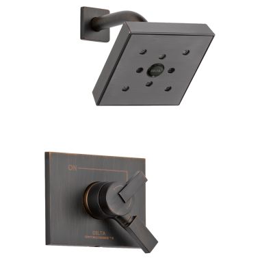 Click here to see Delta T17253-RBH2O Delta Vero Monitor 17 Series Two-Handle H2Okinetic Rain Shower Faucet with Volume Control, 1.75 GPM, Lever Handles, ADA, Venetian Bronze - T17253-RBH2O