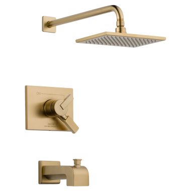 Click here to see Delta T17453-CZ Delta Vero Monitor 17 Series Two-Handle Tub/Shower Faucet with Volume Control, Single-Setting Rainshower, 2.5 GPM, Lever Handle, Champagne Bronze - T17453-CZ