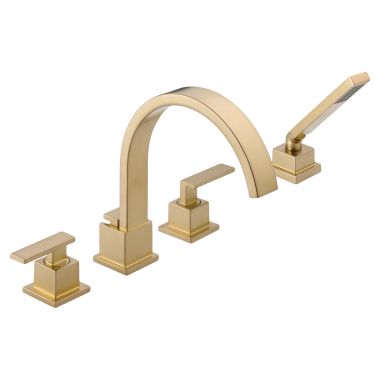 Click here to see Delta T4753-CZ Delta Vero Two-Handle Roman Tub Faucet Trim with 1.75 GPM Single-Setting Hand Shower, High Arc Spout, Lever Handles, Champagne Bronze - T4753-CZ