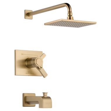 Click here to see Delta T17T453-CZ Delta Vero TempAssure 17T Series Two-Handle Tub/Shower Faucet with Single-Setting Rain Showerhead, 2.5 GPM, Lever Handle, Champagne Bronze - T17T453-CZ