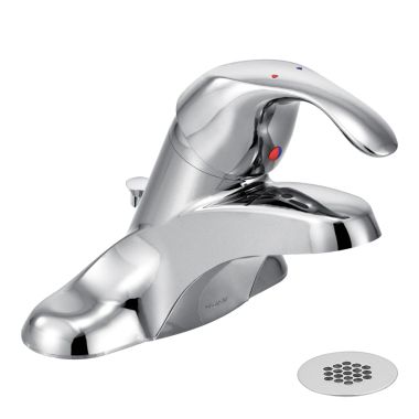 Click here to see Moen 8434 Moen M-Bition 3in Chrome Centerset Lavatory Faucet with Lever Handle and Grid Drain, 1/2