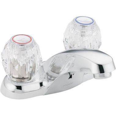 Click here to see Moen 64900 Moen Chateau Two-Handle Low Arc Chrome Centerset Bathroom Faucet, Clear Knob Handle, 1.2 GPM, WaterSense, Less Drain, Bulk Pack - 64900
