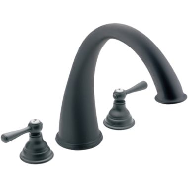 Click here to see Moen T920WR Moen Kingsley Two-Handle Roman Tub Faucet Trim, High Arc Spout, Lever Handles, M-PACT, Wrought Iron - T920WR