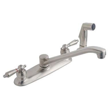 Click here to see Symmons S-248-2-STN-LAM Symmons Two Handle Kitchen Faucet w/ Spray in Deck Plate, Satin Nickel - S-248-2-STN-LAM
