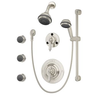 Click here to see Symmons 1-7460-STN-X Symmons Water Dance Two-Wall Shower System with High-Flo Pressure-Balancing Valve, 24in Slide Bar, 60in Hose, Satin Nickel - 1-7460-STN-X