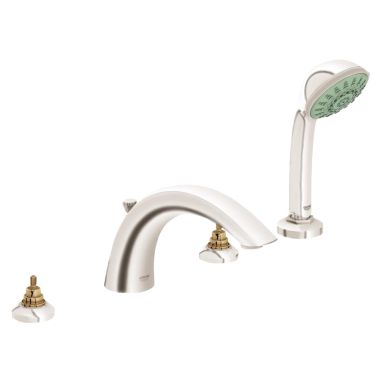 Click here to see Grohe 25072EN0 Grohe Arden Two-Handle Deck-Mount Roman Tub Faucet with 2.5 GPM Hand Shower, 4-Hole, Less Handles, Brushed Nickel - 25072EN0