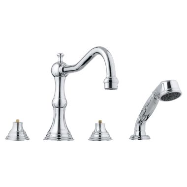 Click here to see Grohe 25080000 Grohe Bridgeford Two-Handle Deck-Mount Roman Tub Faucet with Hand Shower, 4-Hole, Less Handles, StarLight Chrome - 25080000