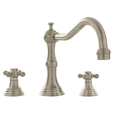 Click here to see Grohe 25079EN0 Grohe Bridgeford Two-Handle Deck-Mount Roman Tub Faucet, 3-Hole, Less Handles, Brushed Nickel - 25079EN0