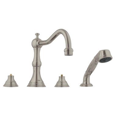 Click here to see Grohe 25080EN0 Grohe Bridgeford Two-Handle Deck-Mount Roman Tub Faucet with Hand Shower, 4-Hole, Less Handles, Brushed Nickel - 25080EN0