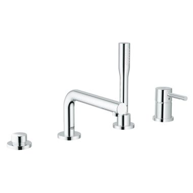 Click here to see Grohe 19578000 Grohe Essence Single-Handle Deck-Mount Roman Tub Faucet with Hand Shower, 4-Hole, Lever Handle, StarLight Chrome - 19578000
