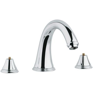 Click here to see Grohe 25054000 Grohe Geneva Two-Handle Deck-Mount Roman Tub Faucet, 3-Hole, SilkMove, Less Handles, Starlight Chrome - 25054000