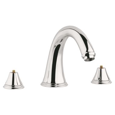 Click here to see Grohe 25054BE0 Grohe Geneva Two-Handle Deck-Mount Roman Tub Faucet, 3-Hole, SilkMove, Less Handles, Polished Nickel - 25054BE0