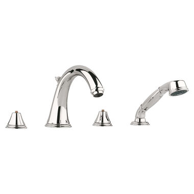 Click here to see Grohe 25506BE0 Grohe Geneva Two-Handle Deck-Mount Roman Tub Faucet with Hand Shower, 4-Hole, Less Handles, Polished Nickel - 25506BE0