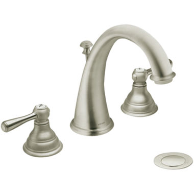 Click here to see Moen T6125BN Moen Kingsley Two-Handle High Arc Widespread Brushed Nickel Bathroom Faucet with Pop-up, ADA, WaterSense, 1.2 GPM, 60 PSI, Lever Handles, Three-Holes - T6125BN