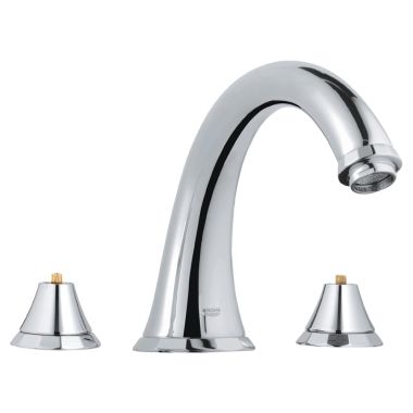 Click here to see Grohe 25074000 Grohe Kensington Two-Handle Deck-Mount Roman Tub Faucet, 3-Hole, Less Handles, StarLight Chrome - 25074000