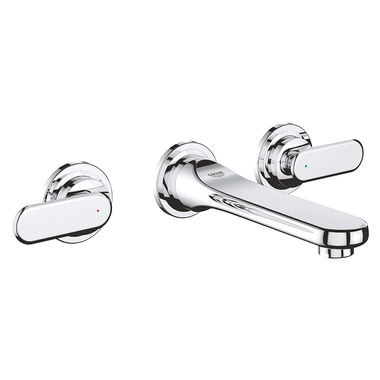 Click here to see Grohe 20183000 Grohe Veris Wall-Mount Widespread StarLight Chrome Vessel Lavatory Faucet Trim, 1.5 GPM, WaterSense, Three-Holes, Lever Handles - 20183000