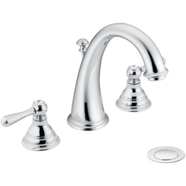 Click here to see Moen T6125 Moen Kingsley Two-Handle High Arc Widespread Chrome Bathroom Faucet, ADA, WaterSense, 1.2 GPM, 60 PSI, Lever Handles, Three-Holes - T6125
