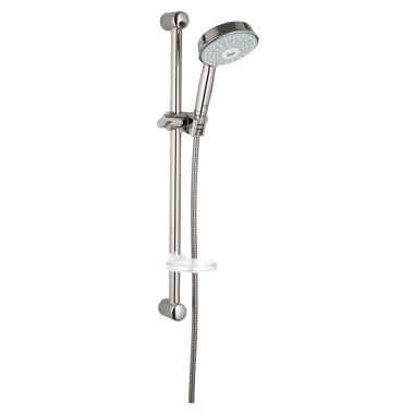Click here to see Grohe 27140BE0 Grohe Rainshower Rustic 24in Shower Slide Bar Kit with 69in Shower Hose and 3-Spray Hand Shower, 2.5 GPM, Polished Nickel - 27140BE0