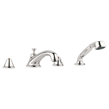 Click here to see Grohe 25502BE0 Grohe Seabury Two-Handle Deck-Mount Roman Tub Faucet with 2.5 GPM Hand Shower, 4-Hole, Less Handles, Polished Nickel - 25502BE0