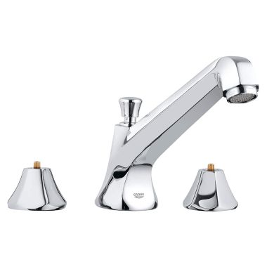 Click here to see Grohe 25076000 Grohe Somerset Two-Handle Deck-Mount Roman Tub Faucet, Low-Arc Spout, 3-Hole, Less Handles, StarLight Chrome - 25076000