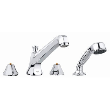 Click here to see Grohe 25077000 Grohe Somerset Two-Handle Deck-Mount Roman Tub Faucet with Hand Shower, 4-Hole, Less Handles, StarLight Chrome - 25077000