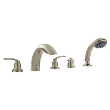 Click here to see Grohe 25597EN0 Grohe Talia Two-Handle Deck-Mount Roman Tub Faucet with 2.5 GPM Hand Shower, 5-Hole, Less Handles, Brushed Nickel - 25597EN0