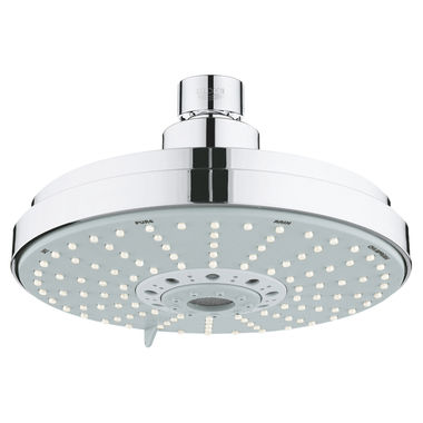 Click here to see Grohe 27135000 Grohe Rainshower Cosmopolitan 160 Round 4-Spray Shower Head with 6-1/4in Spray Face, SpeedClean, 2.5 GPM, StarLight Chrome - 27135000