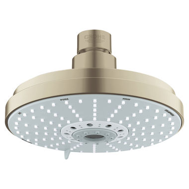 Click here to see Grohe 27135EN0 Grohe Rainshower Cosmopolitan 160 Round 4-Spray Shower Head with 6-1/4in Spray Face, SpeedClean, 2.5 GPM, Brushed Nickel - 27135EN0