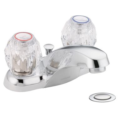 Click here to see Moen 64920 Moen Chateau Two-Handle Low Arc Chrome Centerset Bathroom Faucet with 50/50 Drain and Red/Blue Indicators, Clear Knob Handle, 1.2 GPM, Bulk Pack - 64920