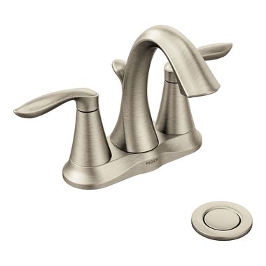 Click here to see Moen 6410BN Moen Eva Two-Handle High Arc Centerset Brushed Nickel Bathroom Faucet with Metal Pop-Up Drain, 1.2 GPM, Lever Handles, WaterSense, ADA - 6410BN