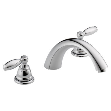 Click here to see Peerless PTT298696 Peerless APEX Roman Tub Faucet Trim, Chrome, Two-Lever Handles, Deck-Mounted, Three-Hole Installation, 8