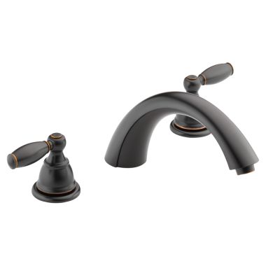 Click here to see Peerless PTT298696-OB Peerless APEX Roman Tub Faucet Trim, Lever Handles, Oil Bronze Finish, 8-3/32in Spout Reach, Deck Mount, Tree-Hole Installation - PTT298696-OB