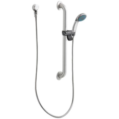Click here to see Moen 52224GBM17 Moen Commercial 3-1/4in Single-Function Hand Shower with 24in Slide Bar/Grab Bar, Round, 1.75 GPM, WaterSense, ADA, Chrome/Stainless - 52224GBM17
