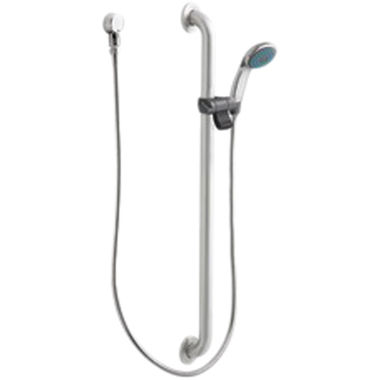Click here to see Moen 52236GBM17 Moen Commercial 3-1/4in Single-Function Hand Shower with 36in Slide Bar/Grab Bar, Round, 1.75 GPM, WaterSense, ADA, Chrome/Stainless - 52236GBM17